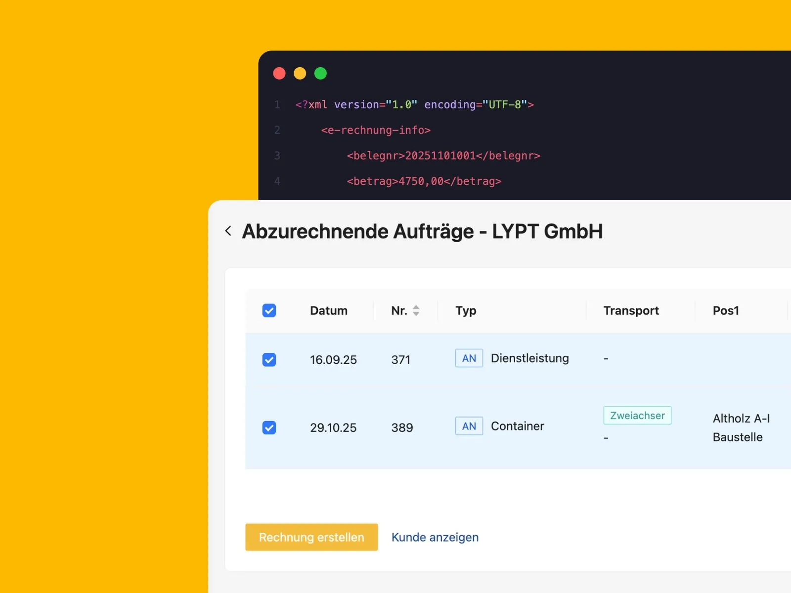 Abzurechnende Aufträge mit eingebetteten XML-Rechnungsdaten